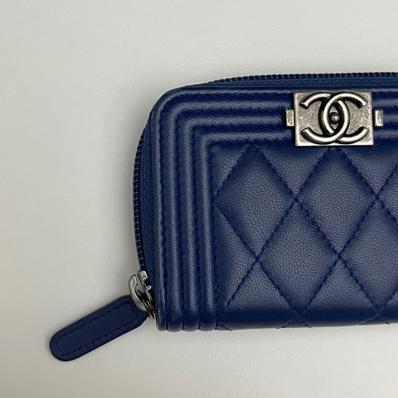 Chanel Lambskin leather Quilted Boy Zip Around Coin Purse Wallet Blue w/dust bag - Picture 13 of 16